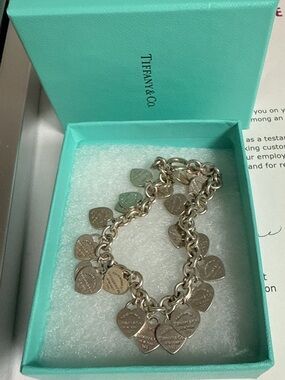 Tiffany & Co. Silver Multi Heart Charm Bracelet with Blue-Green Box